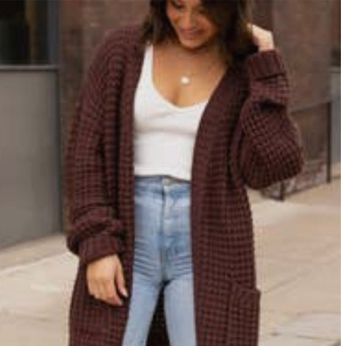 M- chocolate brown loose knit cardigan with pockets