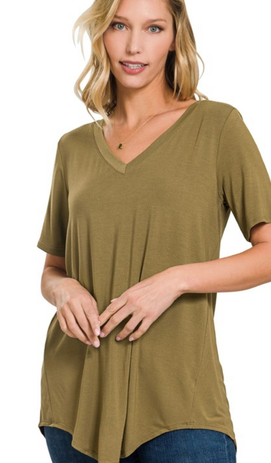 M- luxe rayon Short Sleeve v- neck High low top ( dusty Olive )