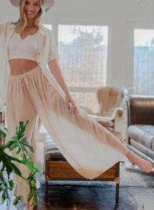 M- Woven Pleated Wide Leg Pants with Lining