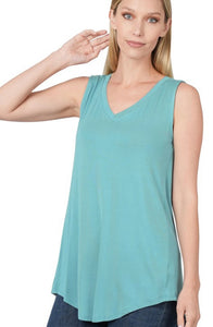 M- Luxe Rayon Sleeveless V-neck Hi-low Hem Top ( Dusty Teal)