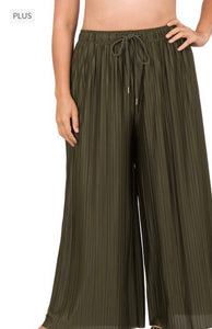 M- Plus Woven Pleated Wide Leg Pants with Lining ( Dark Olive )