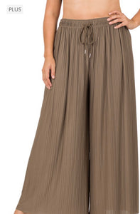 M- Plus Woven Pleated Wide Leg Pants with Lining ( Mocha )