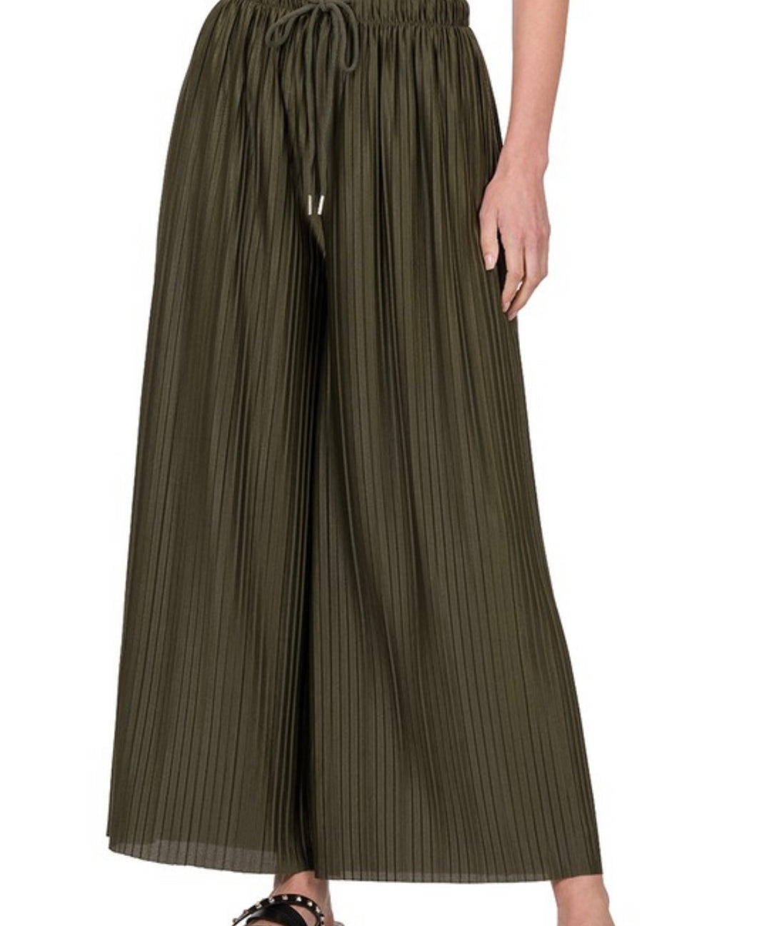 M- Woven Pleated Wide leg pants with lining ( Dark Olive )