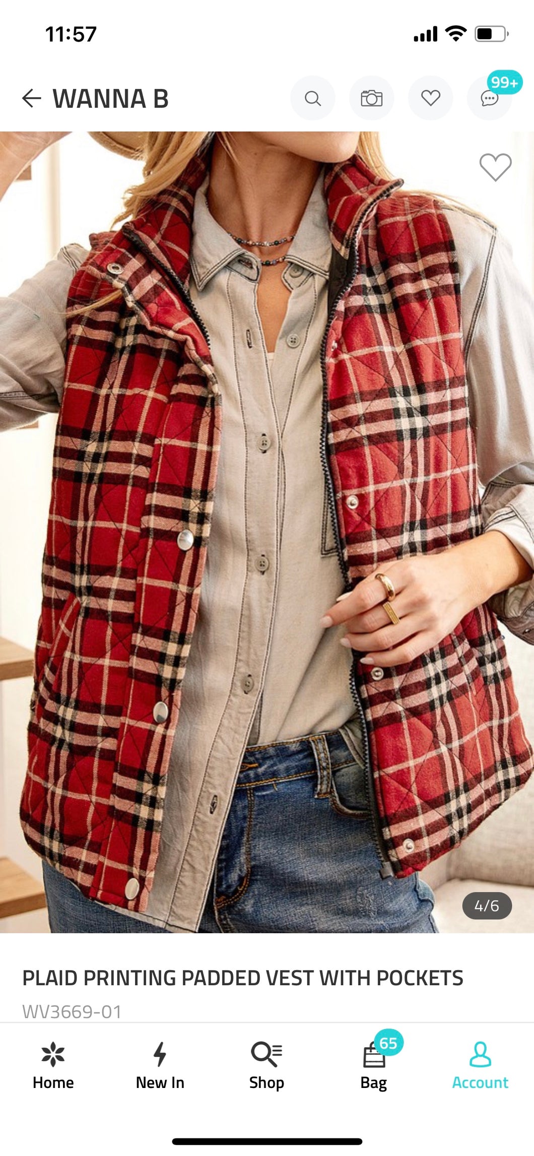 M-PLAID PRINTING PADDED VEST WITH POCKETS