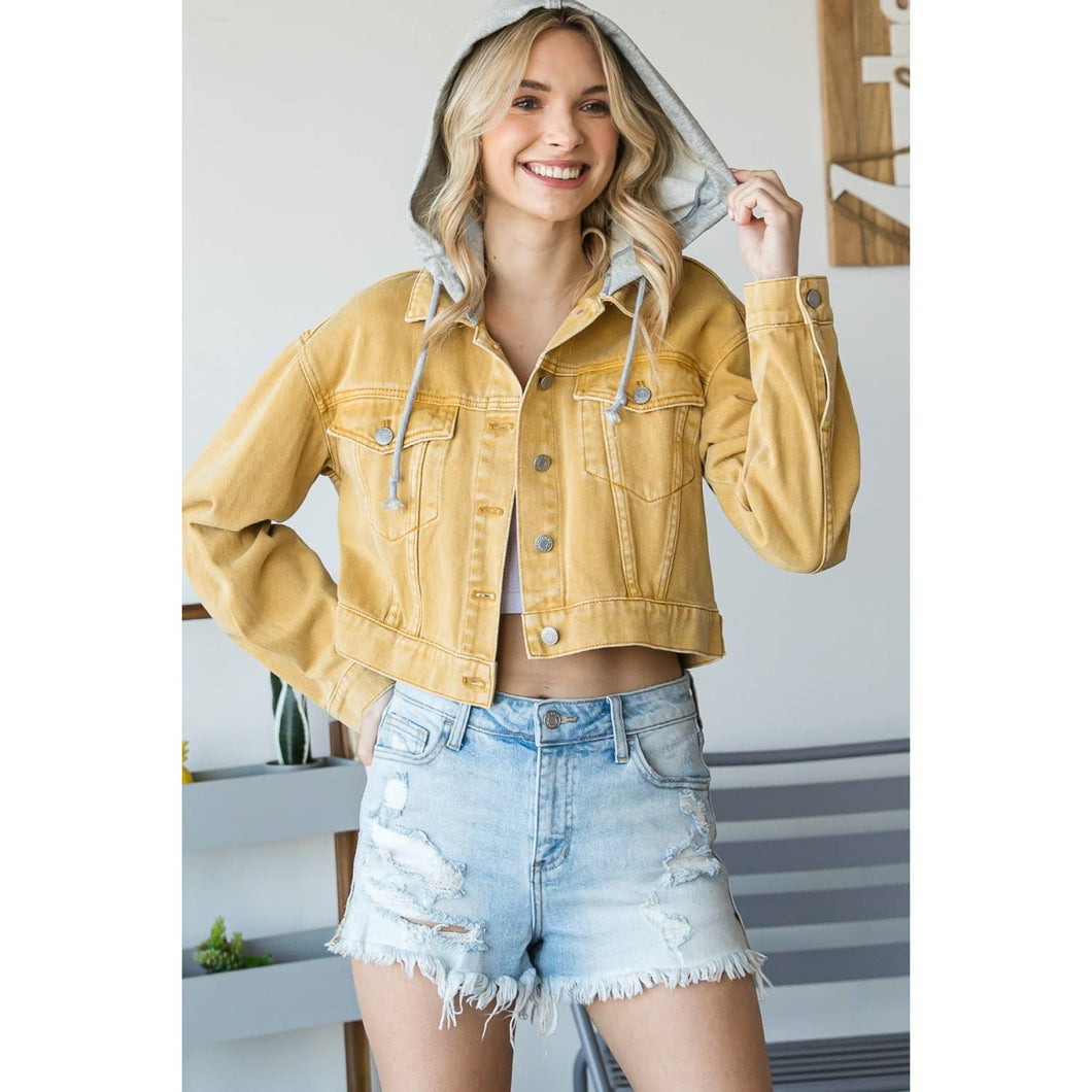Veveret - French Terry Hood Cropped Denim Jacket