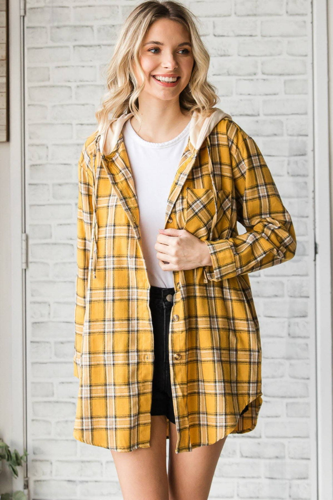Veveret - Plaid Button Down Shirts With French Terry Hoodie